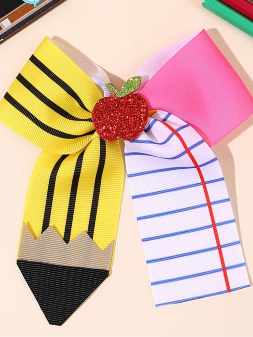 Multi-Color School Bow Hair Clip with Glitter Apple
